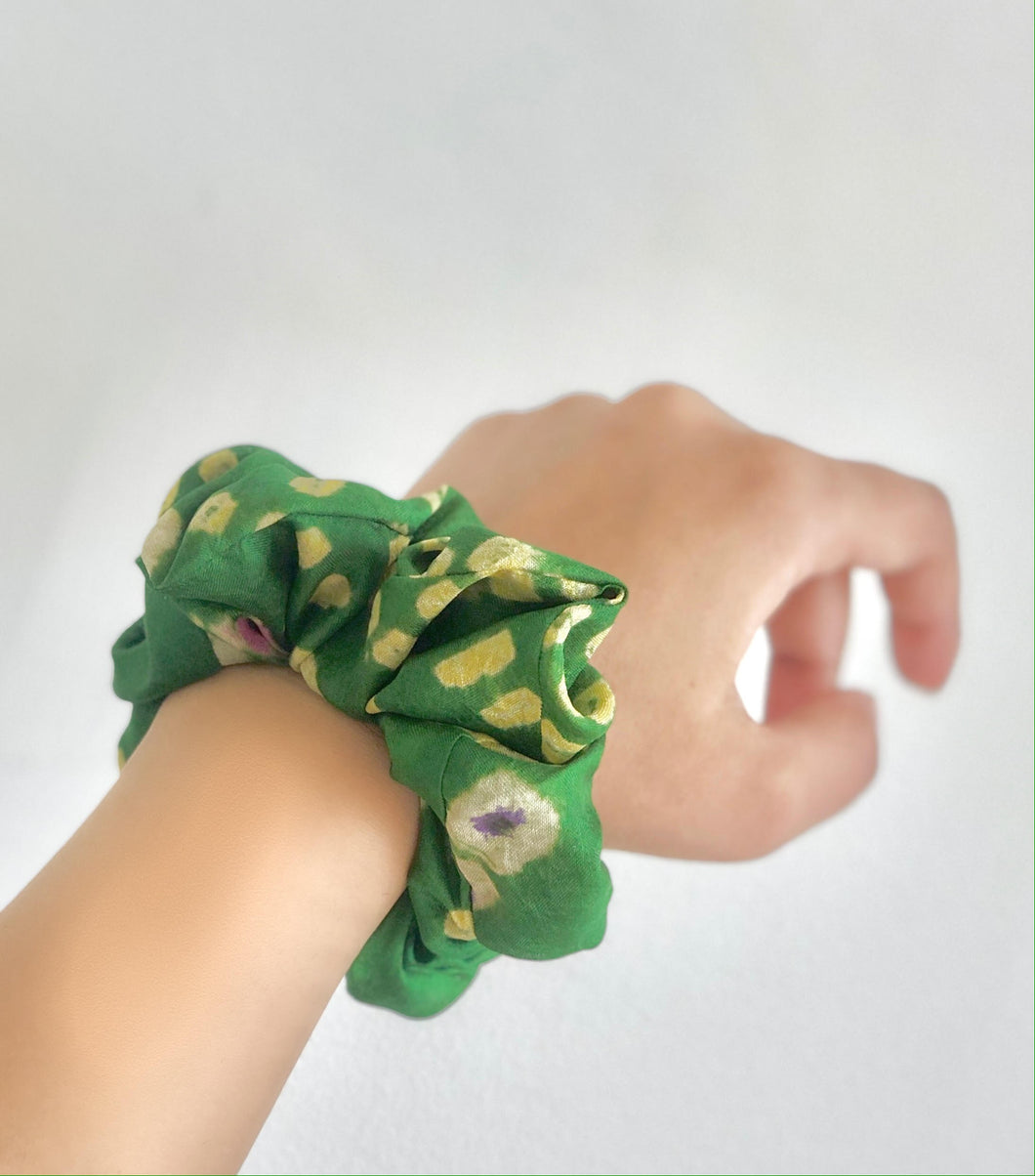 Green Silk Bandhani Scrunchie